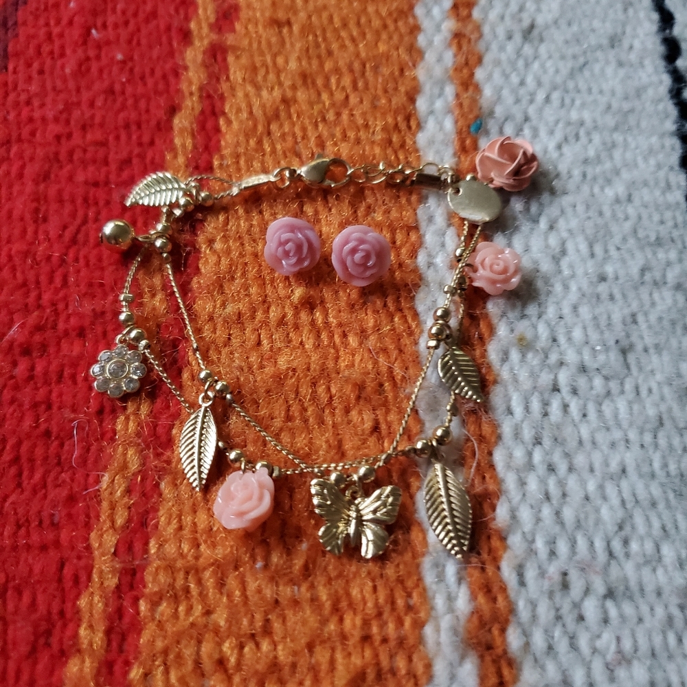 Rose charm bracelet with rose earrings